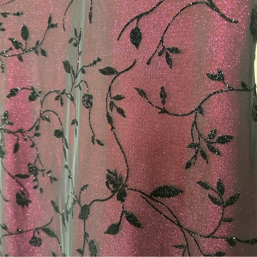 VTG 90s Y2K Size M Whimsigoth Dress Sparkle Pink Black Floral Chiffon Overlay - Picture 7 of 14
